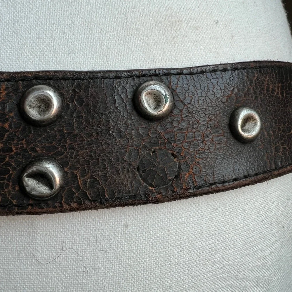 Vintage 90s Distressed Leather Studded Belt Brown Crackle Texture Western Boho